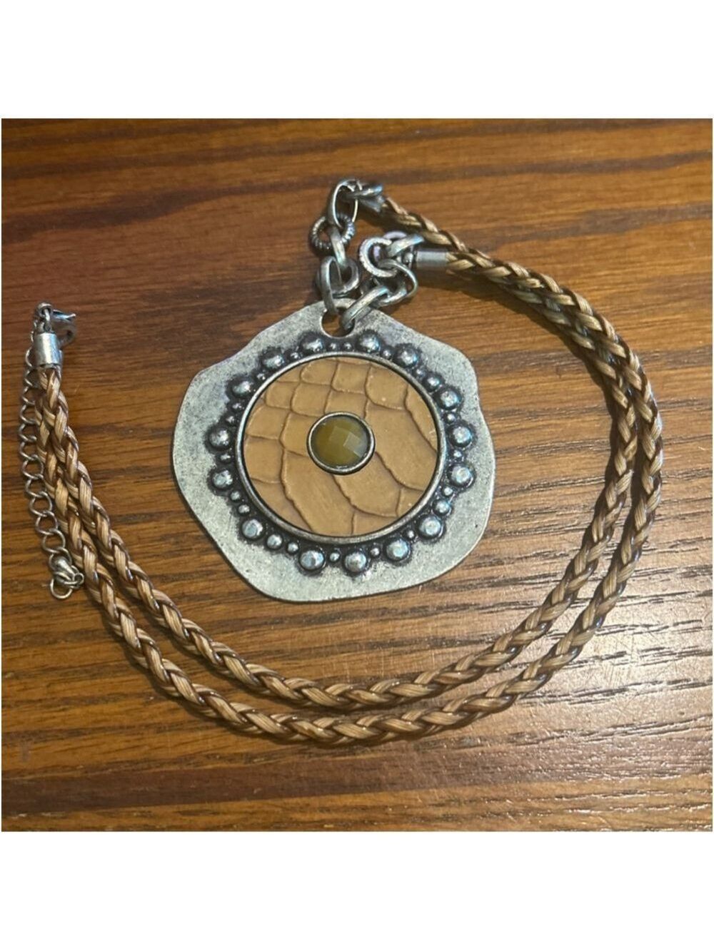 Women's western style Necklace 26” w/ 3” extension Silver Brown Braided Pendant